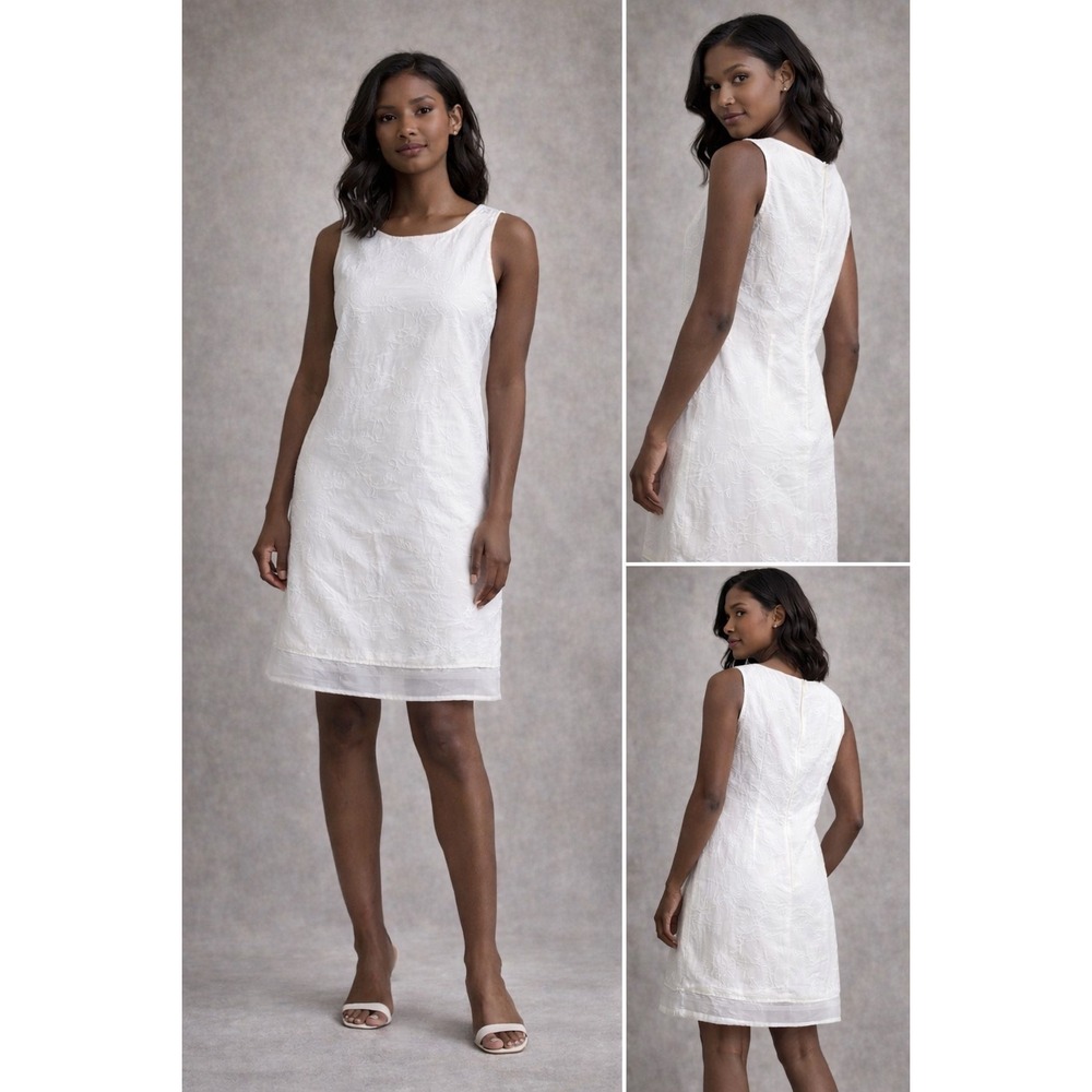 The White House Vintage White Floral Jacquard Shift Dress Size10 SleevelessRayon